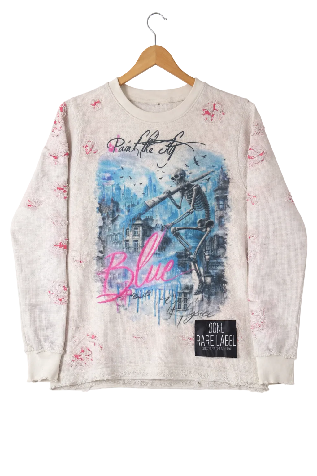 OGNL “Paint The City Blue” Distressed Thermal Crewneck