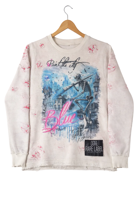 OGNL “Paint The City Blue” Distressed Thermal Crewneck